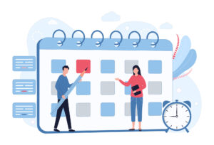 Zeichnung eines Mannes mit Bleistift und einer Frau mit einem Tablet. Beide machen sich Notizen im Kalender in Bezug auf Terminplanung, Zeitmanagement, Prioritätensetzung von Aufgaben
